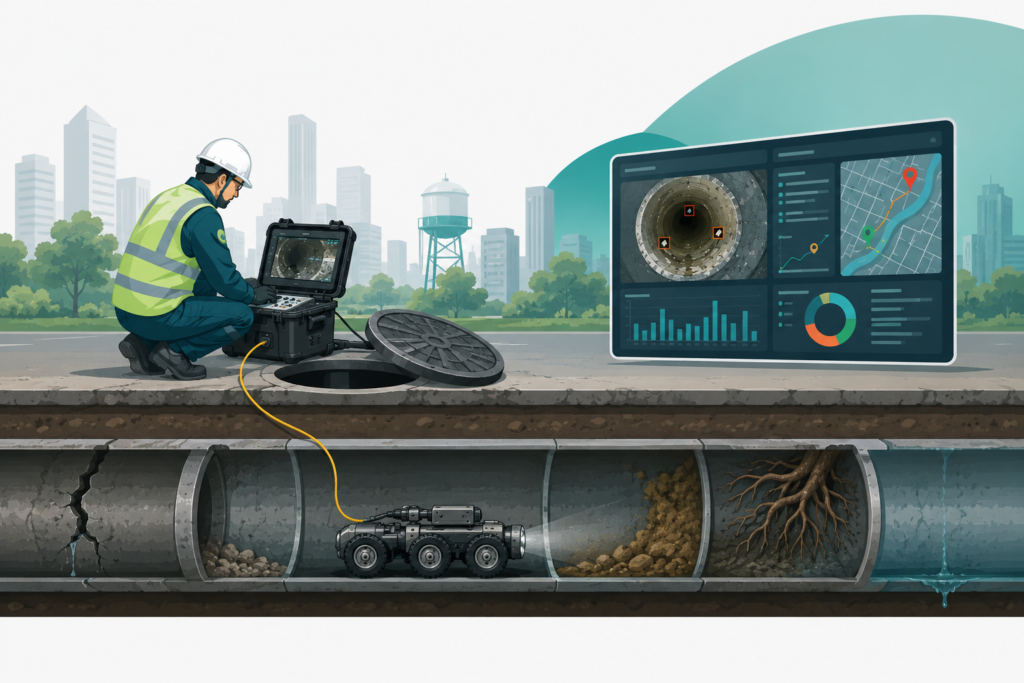 A utility worker remotely operates a robotic crawler to inspect an underground sewer pipeline through an open manhole. An AI-powered dashboard displays real-time CCTV footage, defect detection, analytics, and the inspection route for proactive pipeline maintenance.